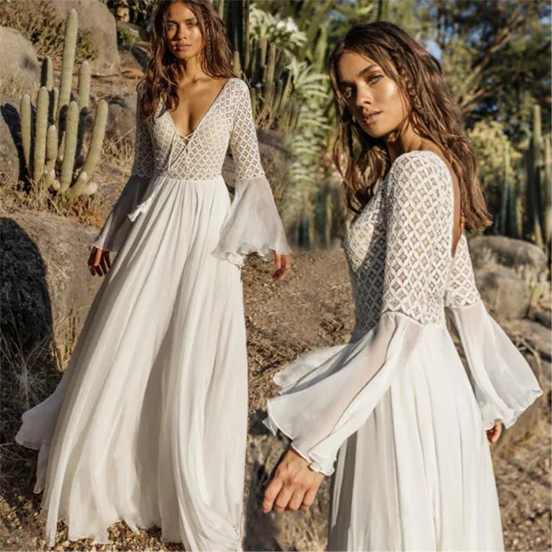 2024 Holiday Chic V-Neck Long Flare Sleeve Boho Maxi Dress