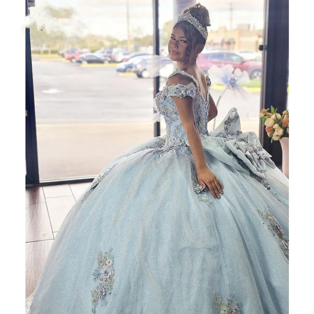 2024 Sky Blue Quinceanera Dresses Ball Gown Floral Sweet 16 15 Dress Lace Appliques Beading Off Shoulder Vestidos De Fiesta