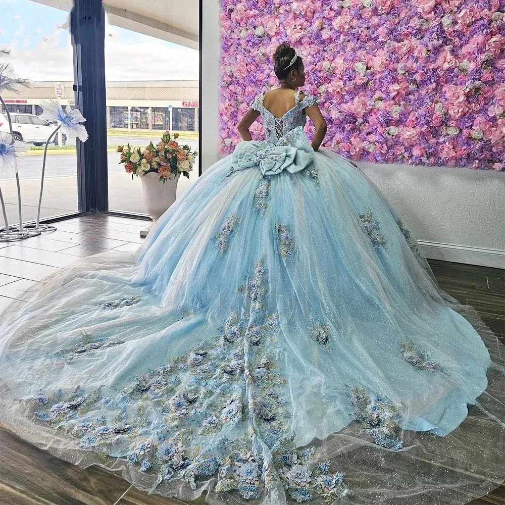 2024 Sky Blue Quinceanera Dresses Ball Gown Floral Sweet 16 15 Dress Lace Appliques Beading Off Shoulder Vestidos De Fiesta