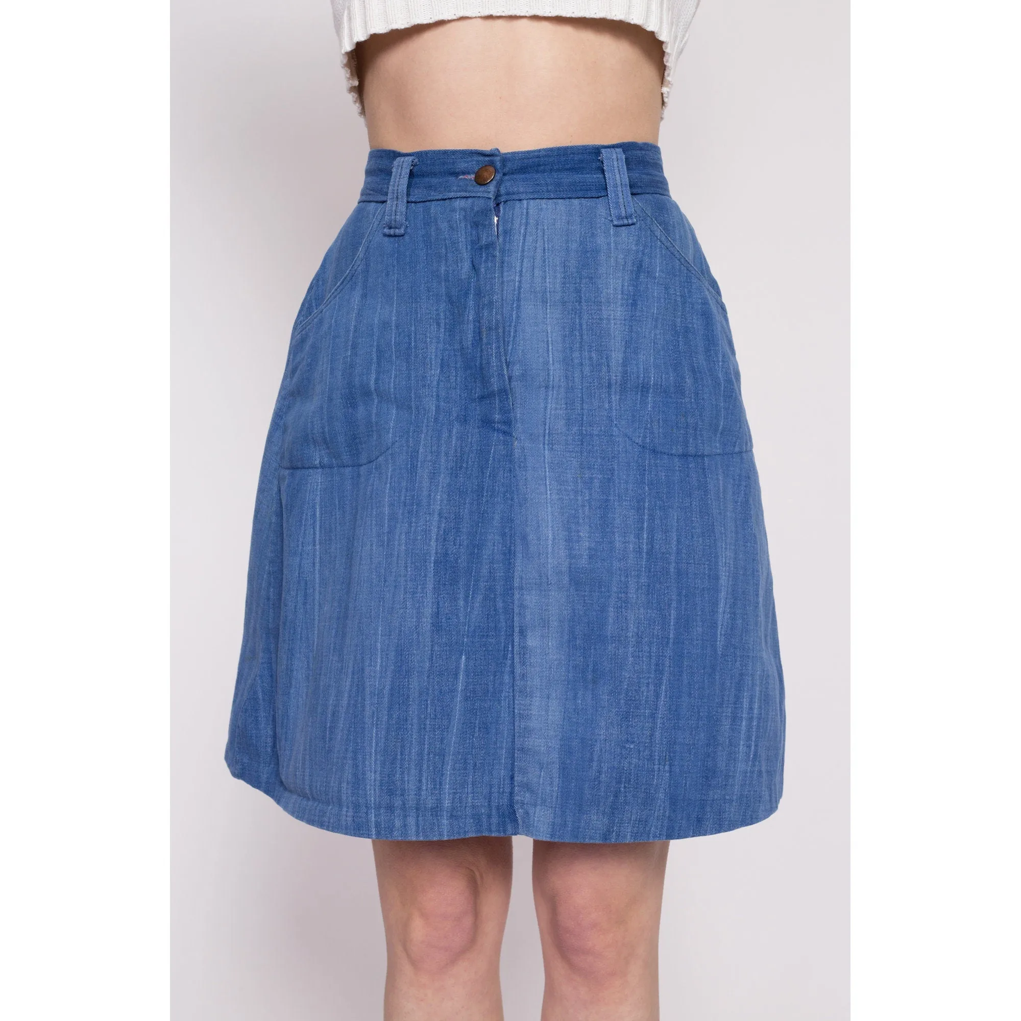 70s Boho Denim A Line Mini Skirt - Small, 26"