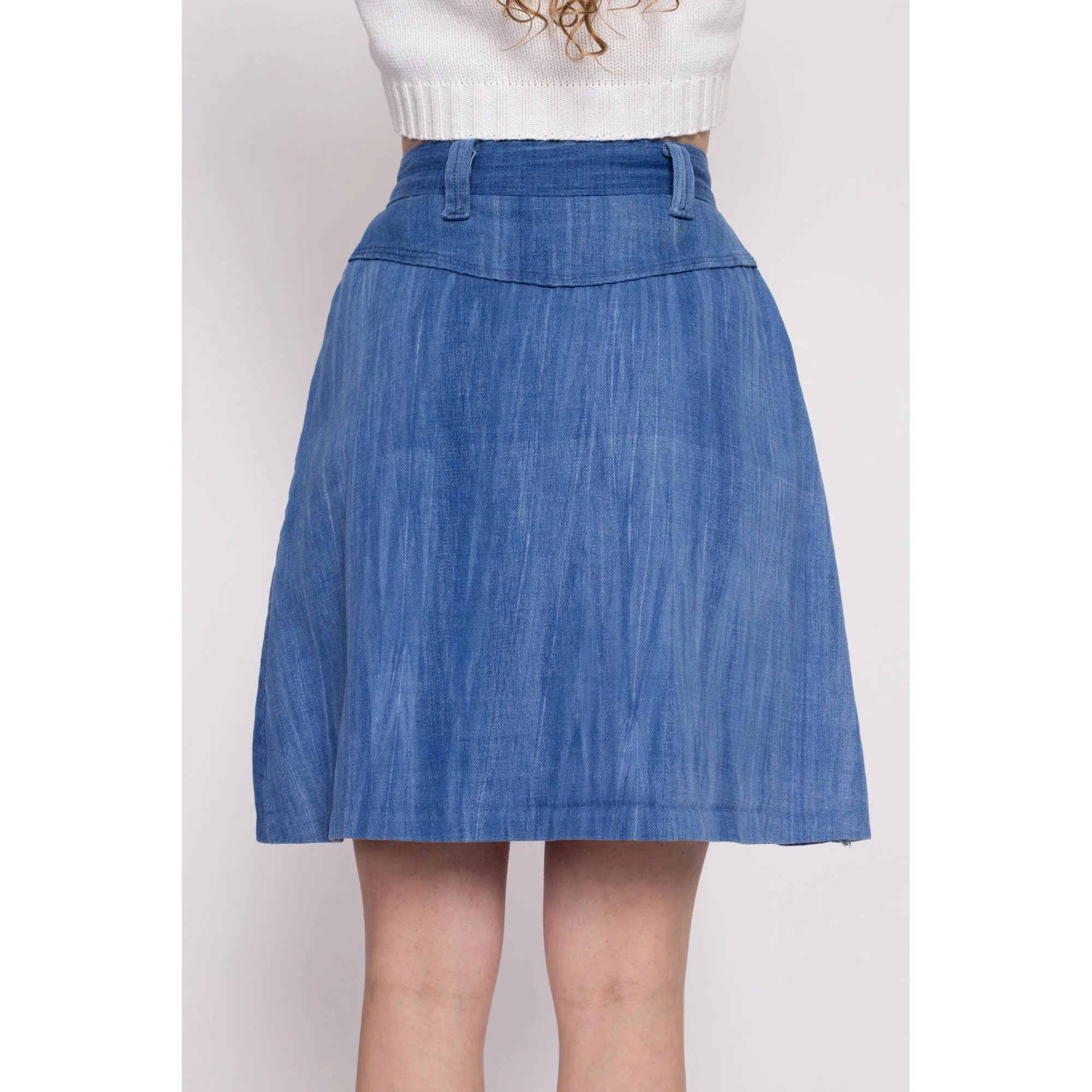 70s Boho Denim A Line Mini Skirt - Small, 26"