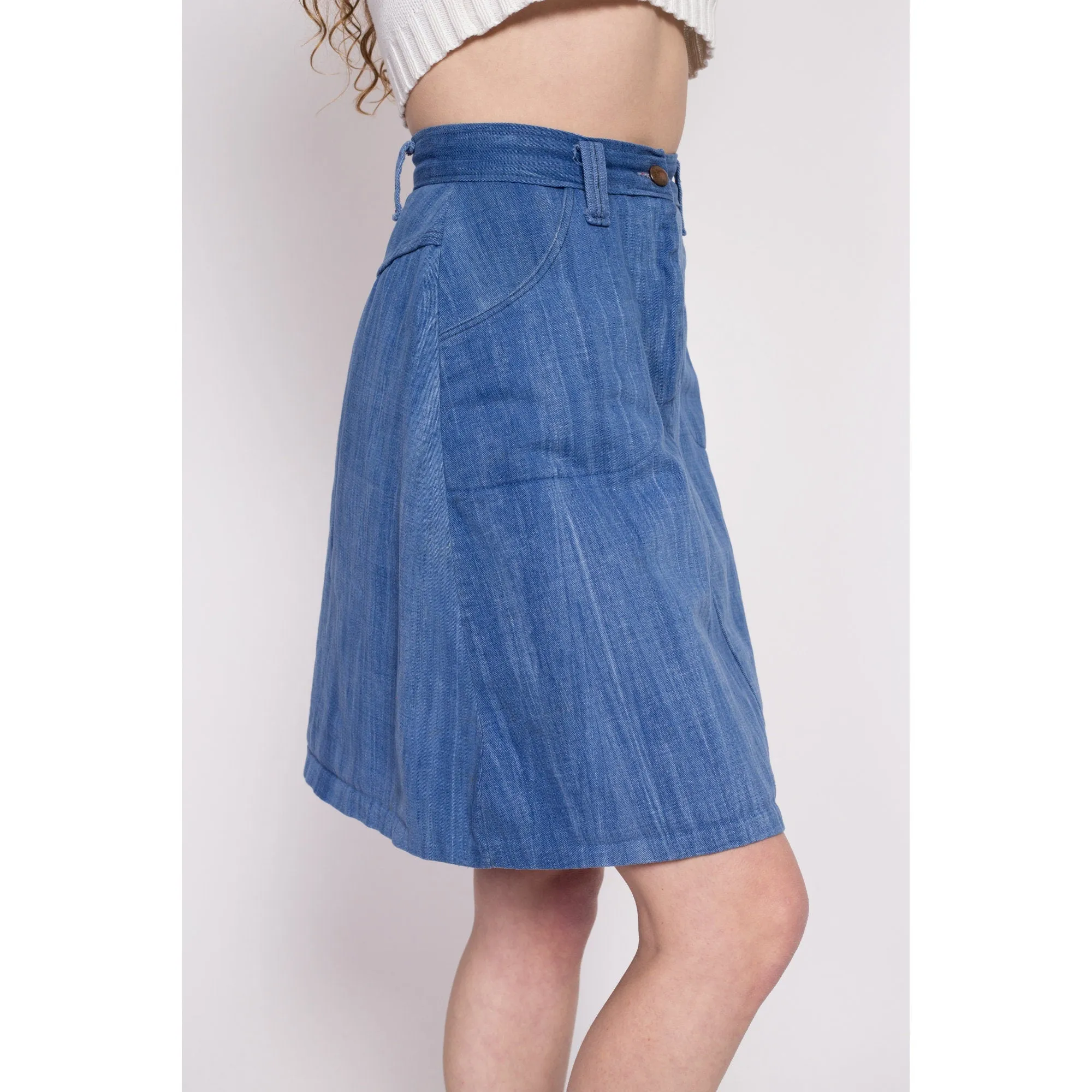 70s Boho Denim A Line Mini Skirt - Small, 26"