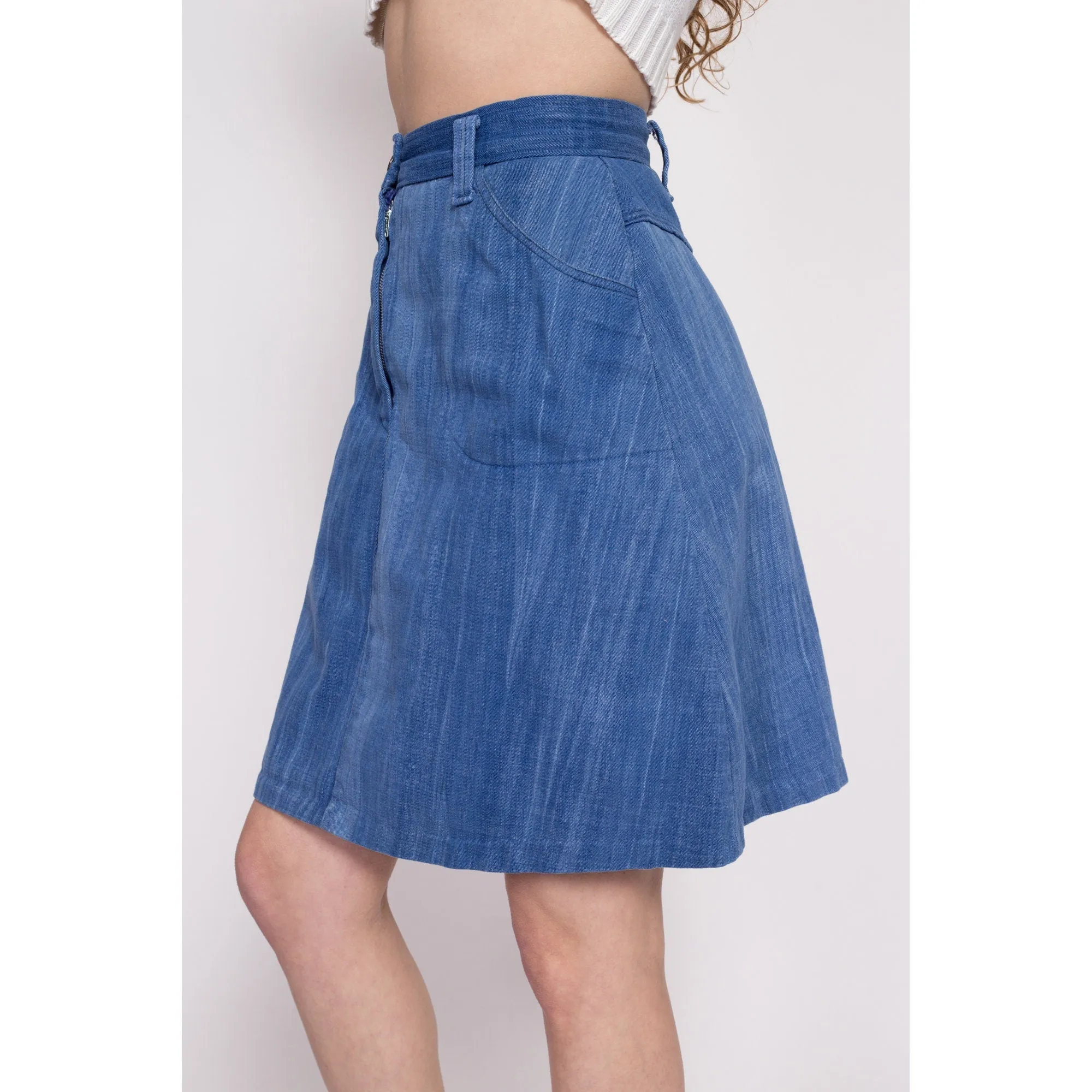 70s Boho Denim A Line Mini Skirt - Small, 26"