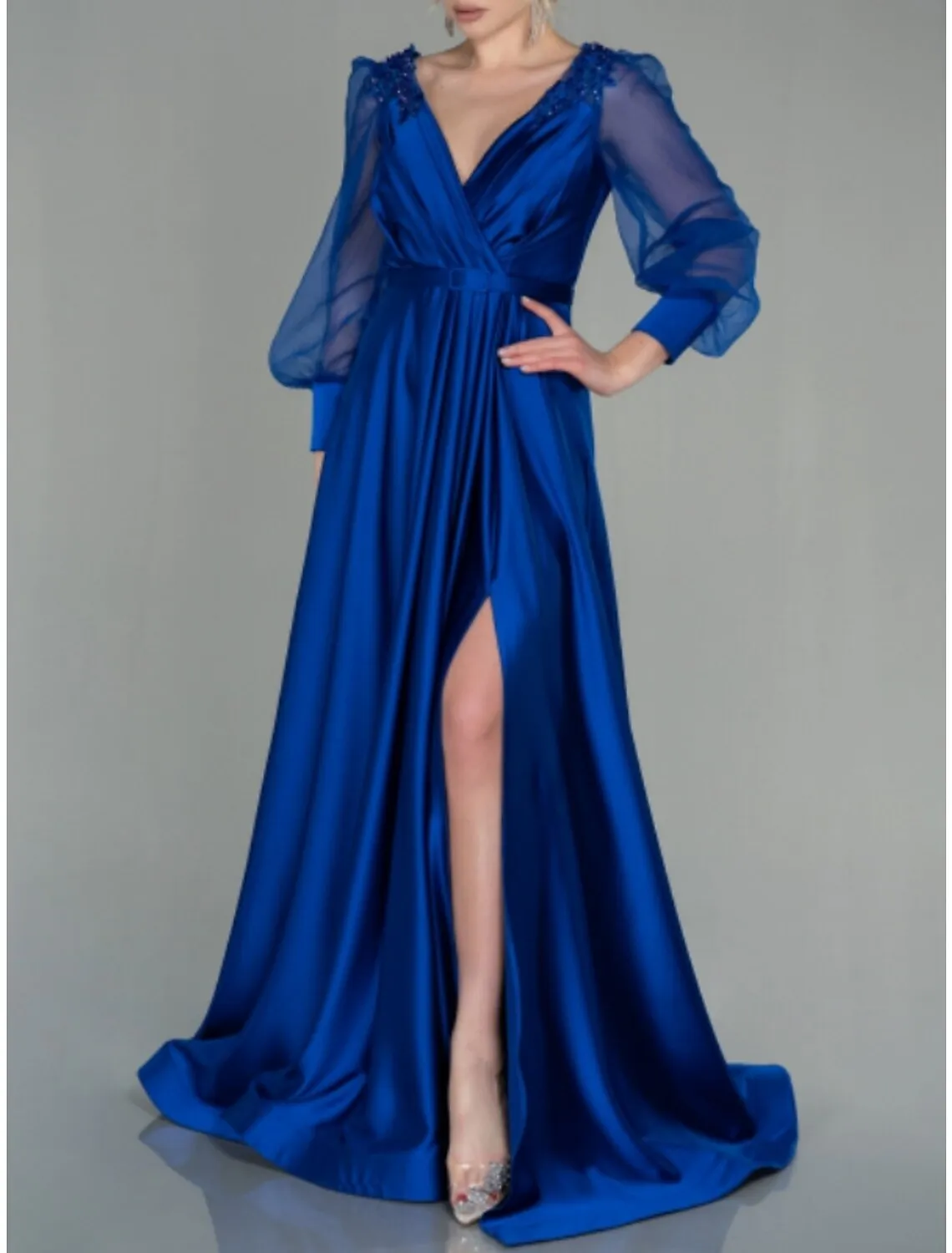 A-Line Evening Gown Elegant Dress Formal Fall Floor Length Long Sleeve V Neck Satin with Pleats Slit Shouder Flower