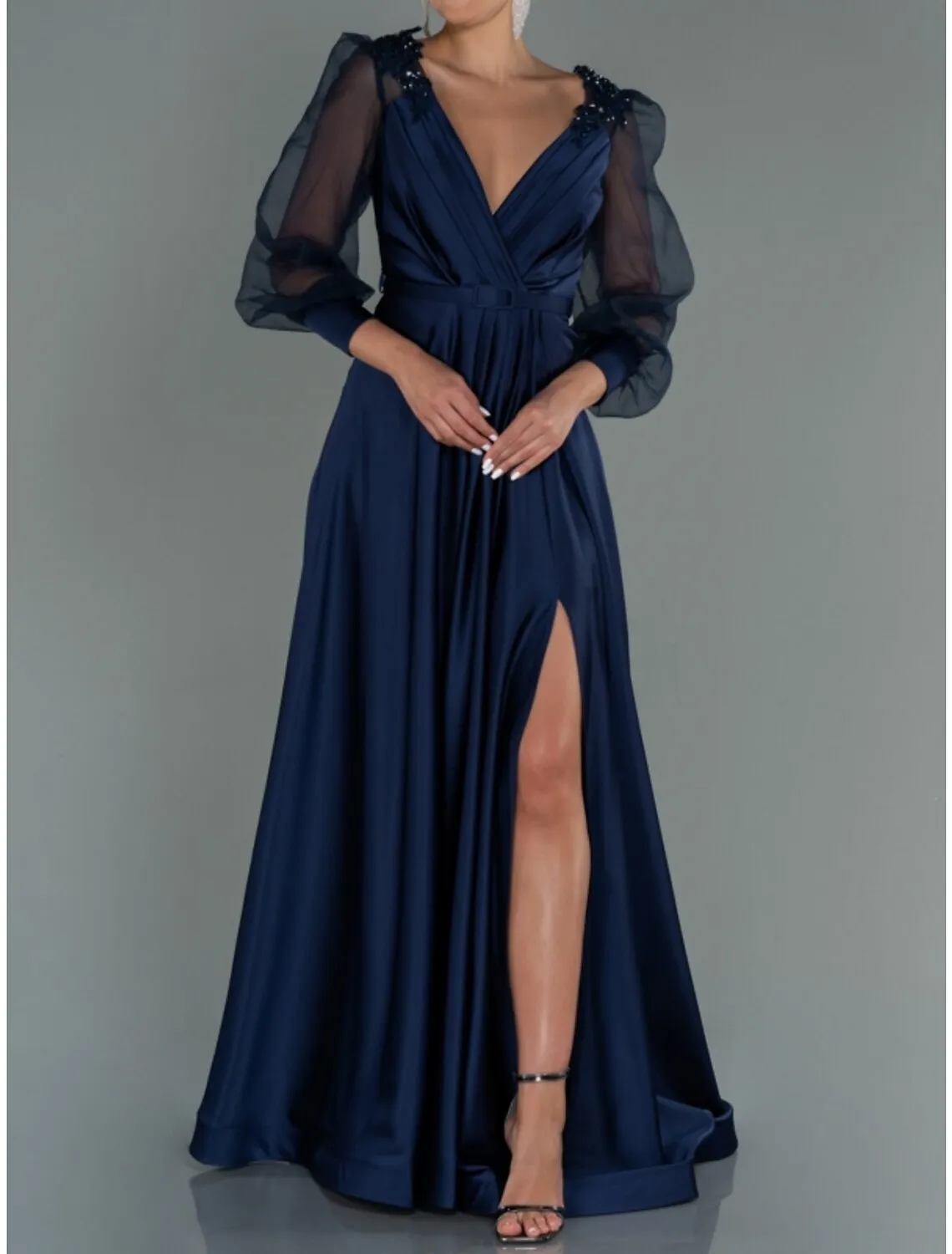 A-Line Evening Gown Elegant Dress Formal Fall Floor Length Long Sleeve V Neck Satin with Pleats Slit Shouder Flower