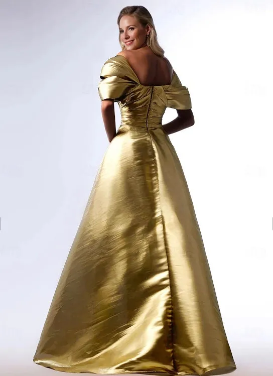 A-Line Evening Gown Formal Christmas Floor Length Short Sleeve Square Neck Pocket Satin with Pleats