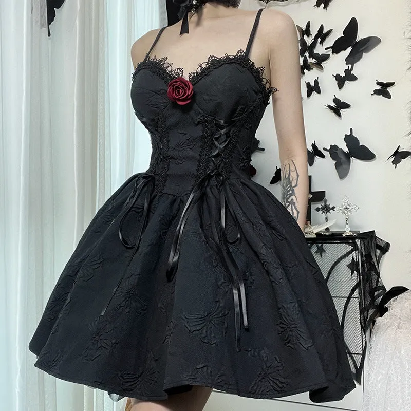 Backless Strap With Red Rose And Lace Dress