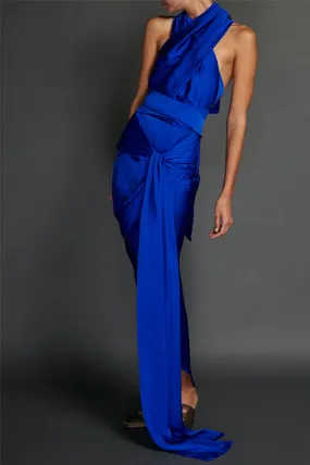 Blue Washed Satin Draped Halter Dress