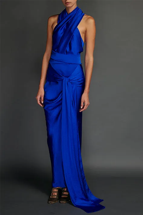 Blue Washed Satin Draped Halter Dress