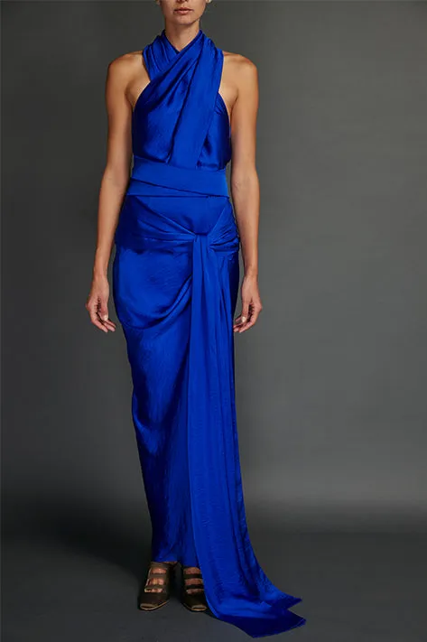 Blue Washed Satin Draped Halter Dress