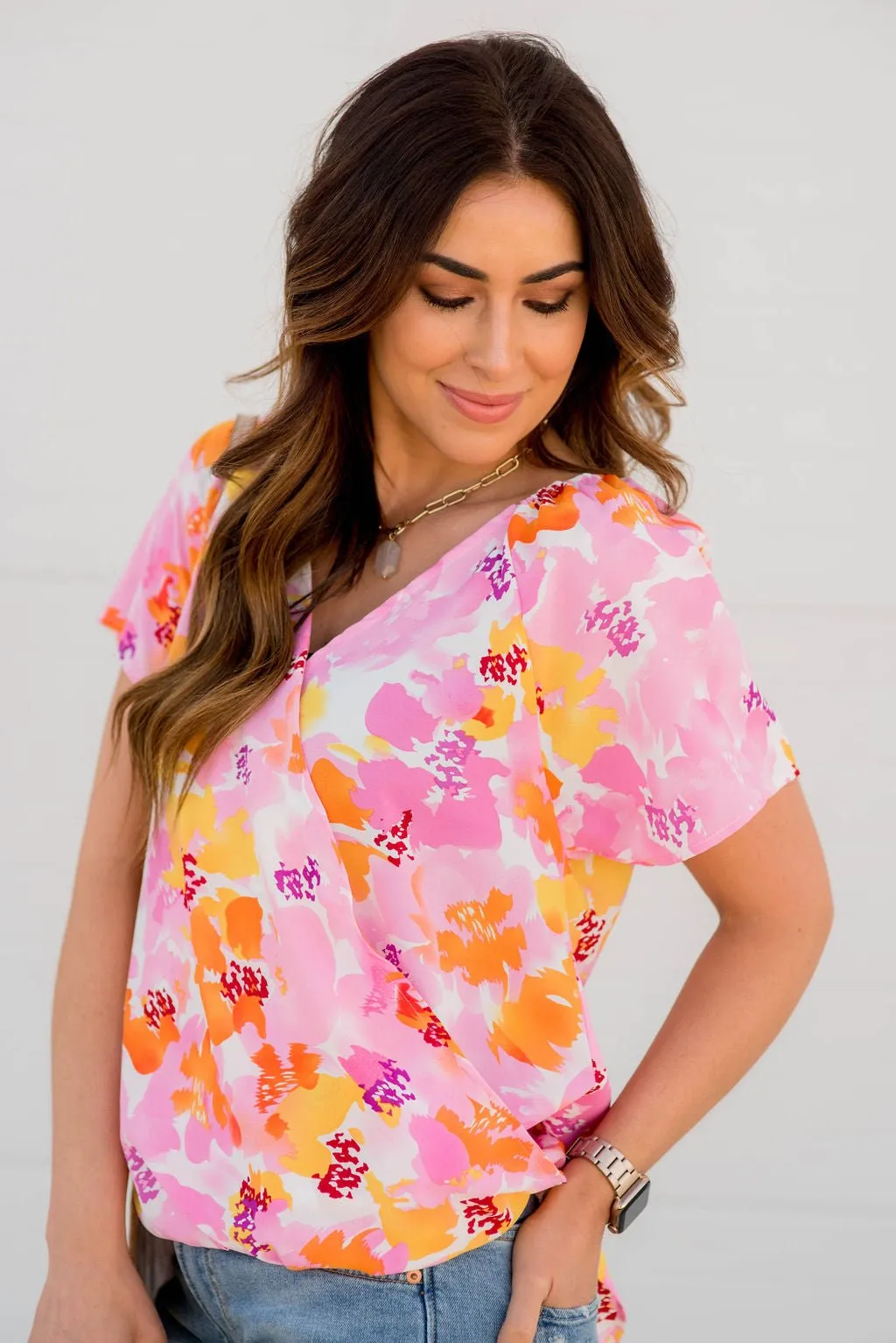 Bold Floral Faux Wrap Tee