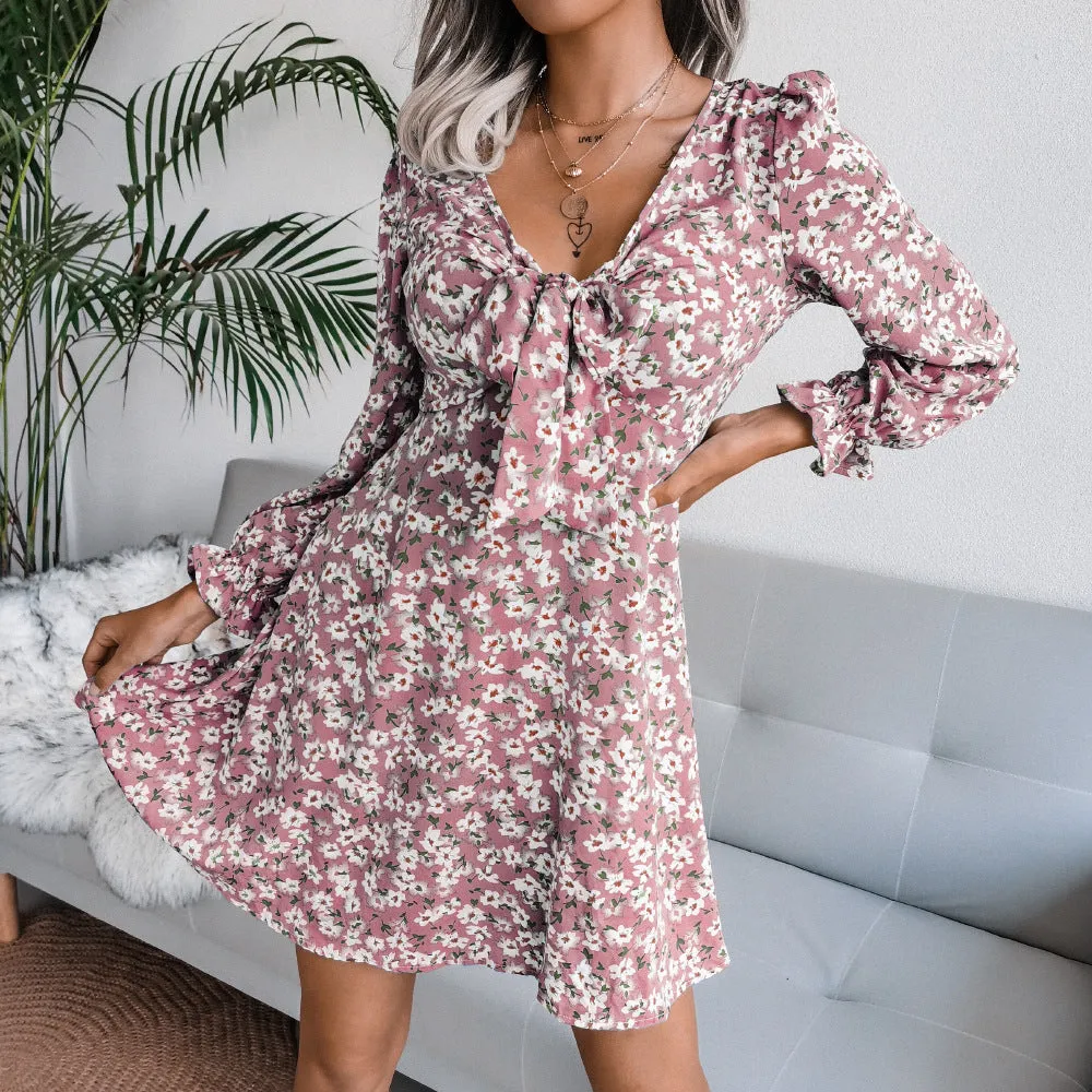 Bowknot Floral Long Sleeve Chiffon Short Dress Wholesale Summer Dresses