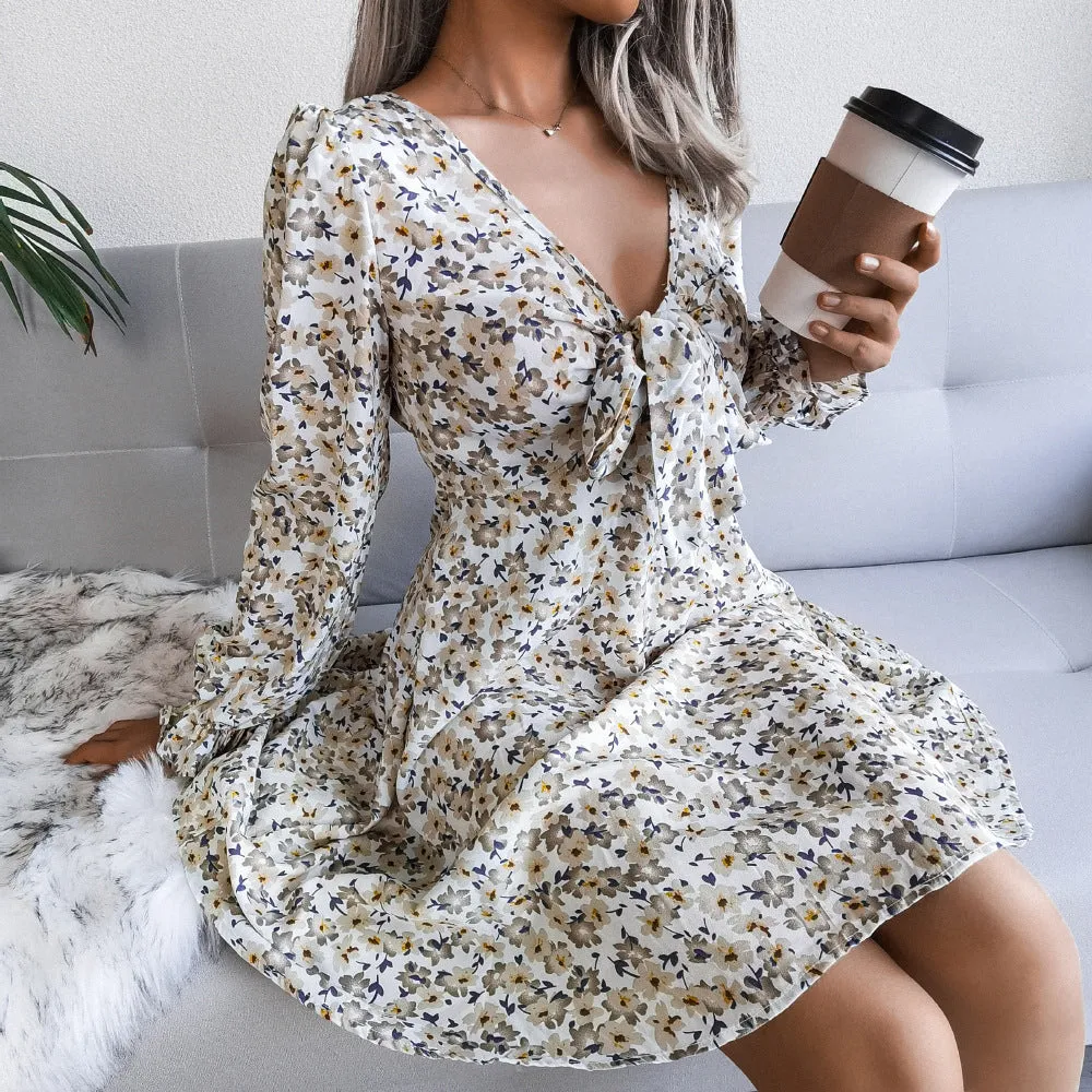 Bowknot Floral Long Sleeve Chiffon Short Dress Wholesale Summer Dresses