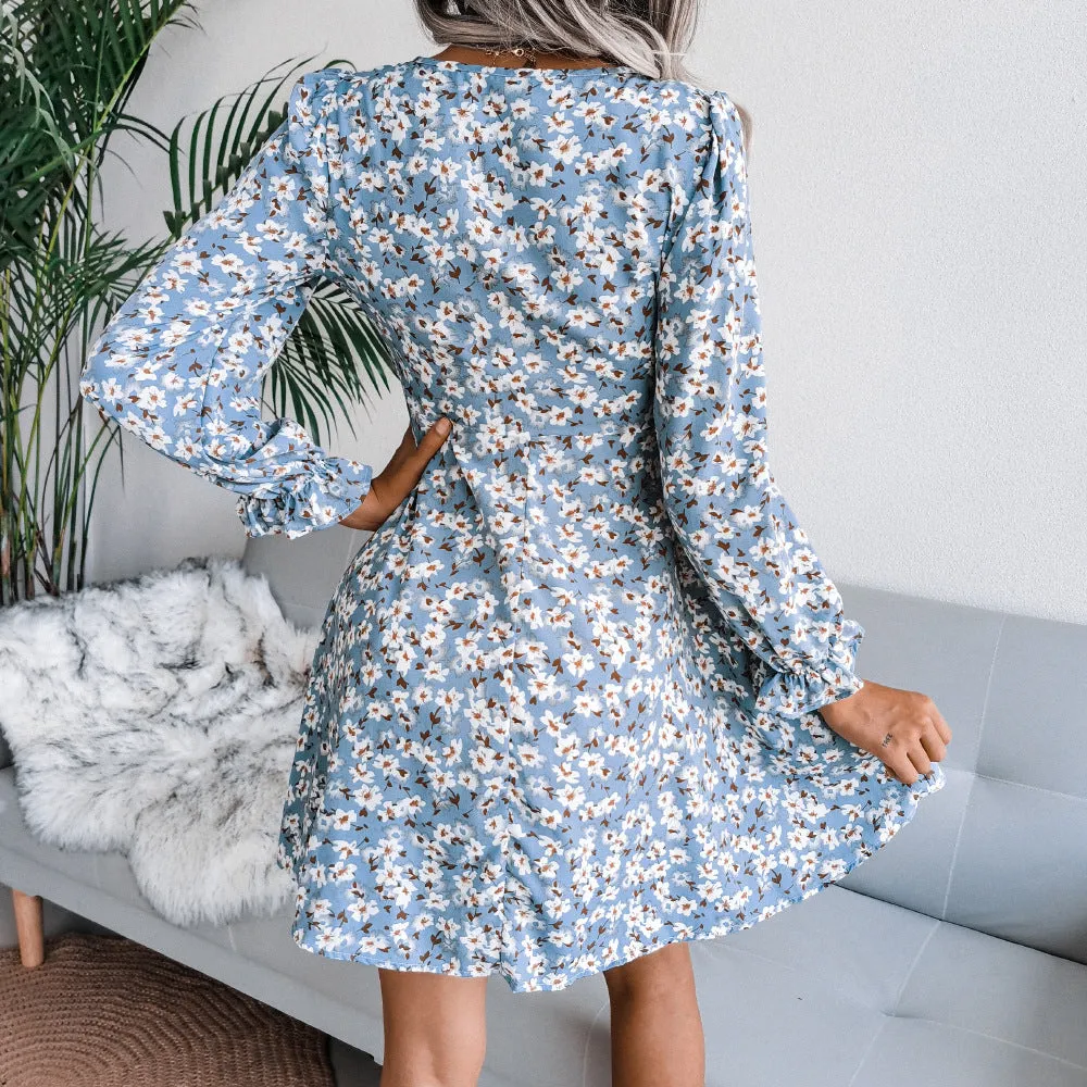 Bowknot Floral Long Sleeve Chiffon Short Dress Wholesale Summer Dresses