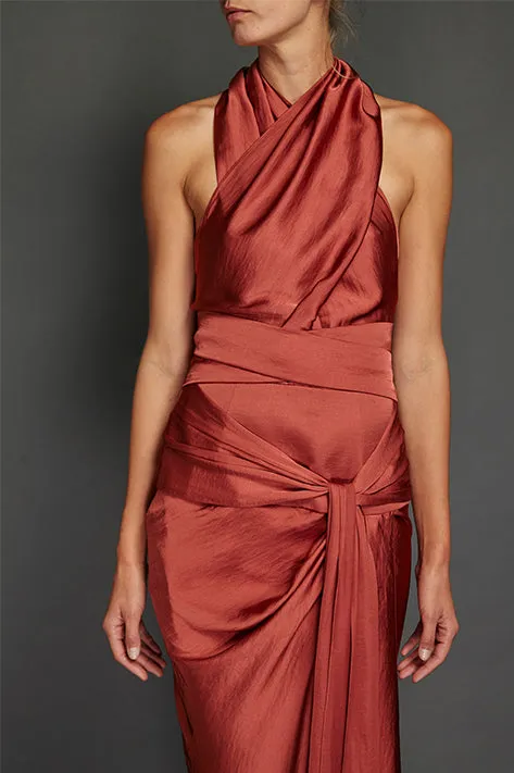 Brick Washed Satin Draped Halter Dress (Sold Out)