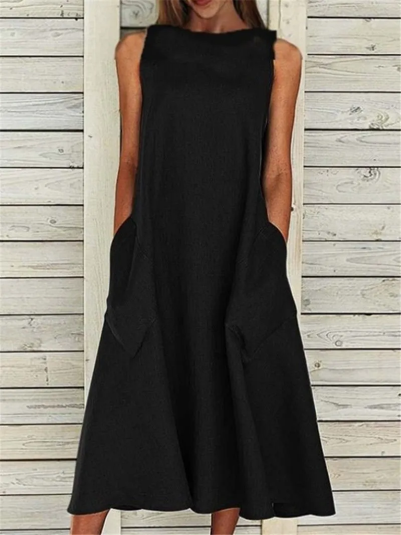 Casual Solid Sleeveless Pocket Dress