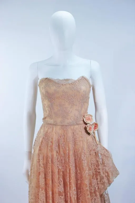 CEIL CHAPMAN 1950s Nude Lace Strapless Cocktail Dress Size 4