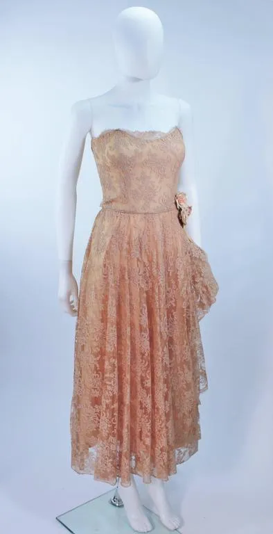 CEIL CHAPMAN 1950s Nude Lace Strapless Cocktail Dress Size 4