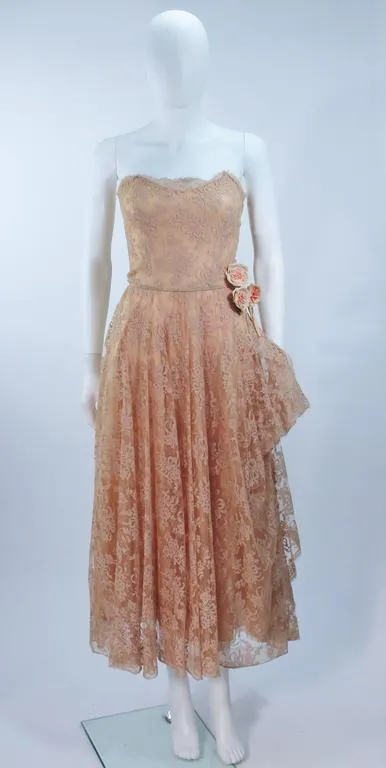 CEIL CHAPMAN 1950s Nude Lace Strapless Cocktail Dress Size 4