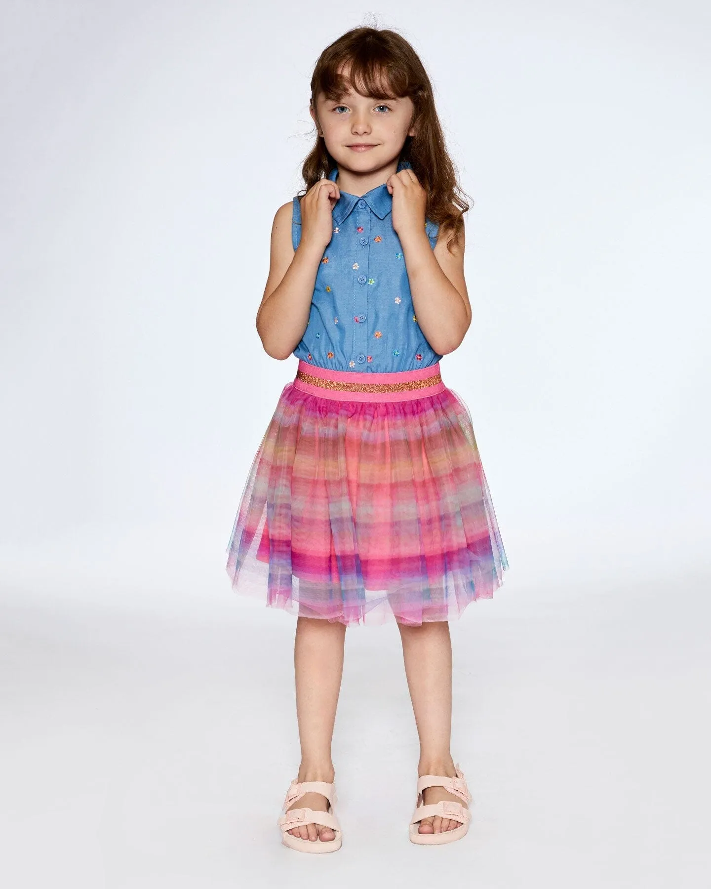 Chambray And Tulle Rainbow Mesh Dress