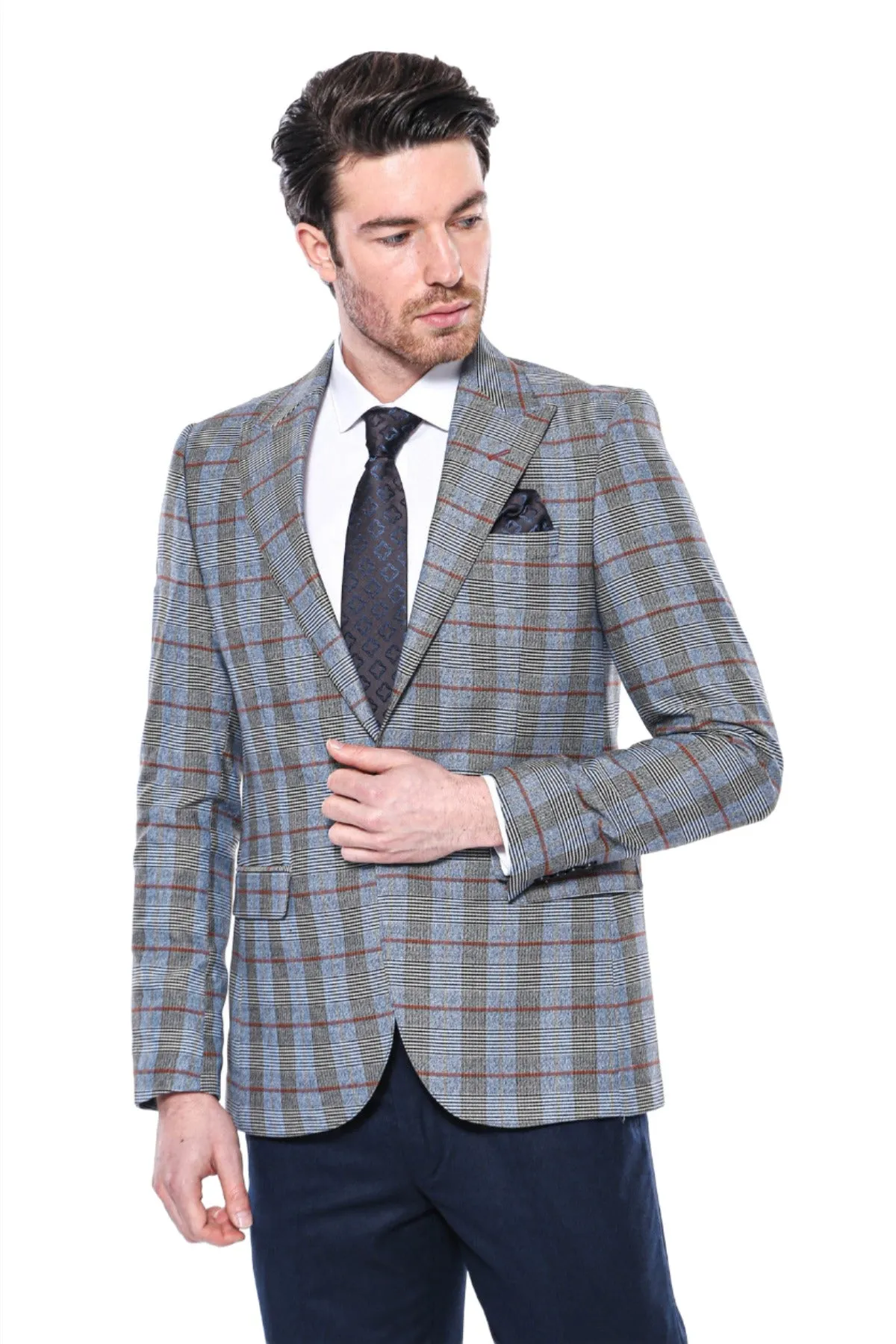 Checked Single Button Navy Blue Men Blazer - Wessi