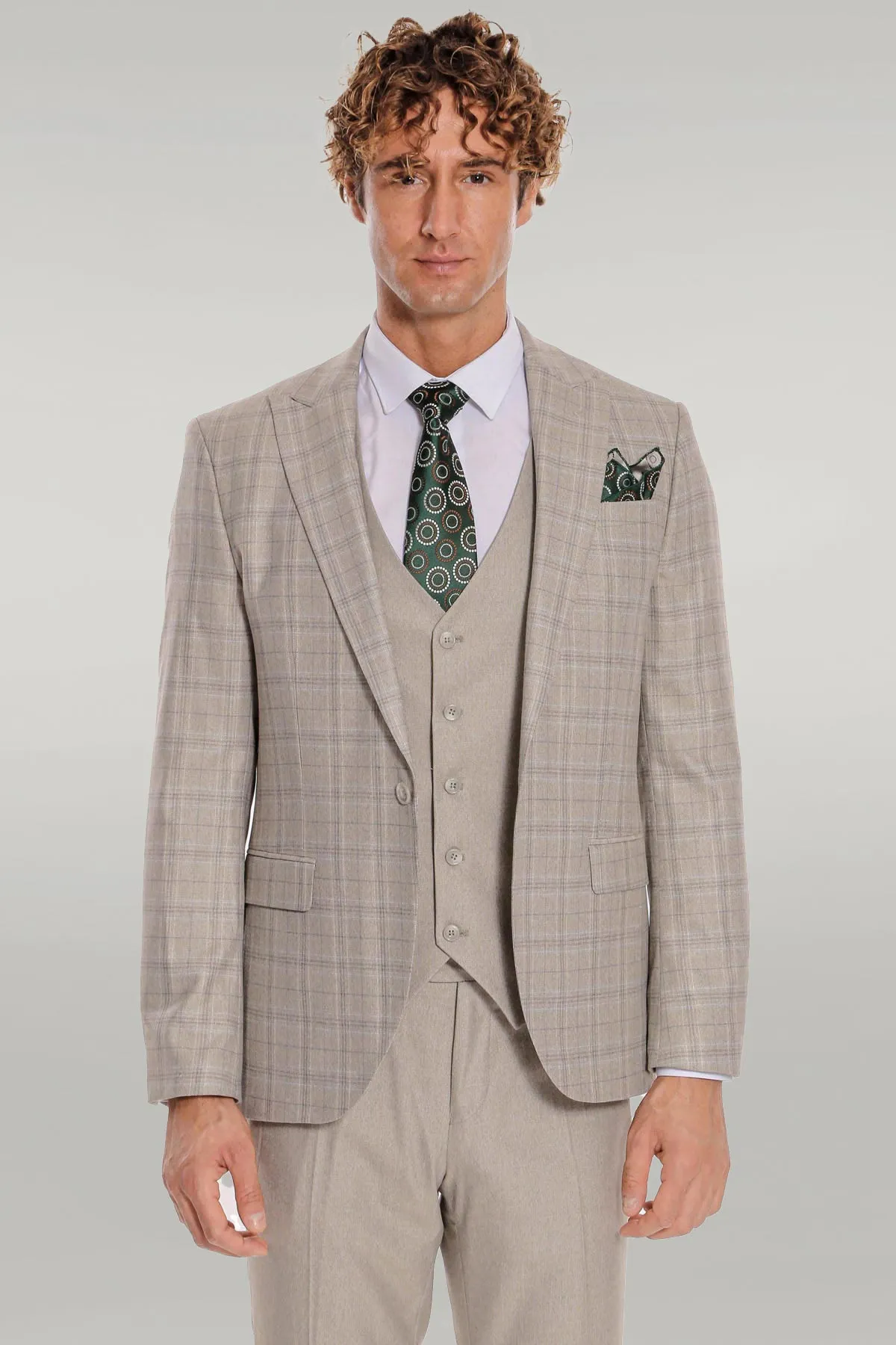 Checked Slim Fit Cream Men Suit - Wessi