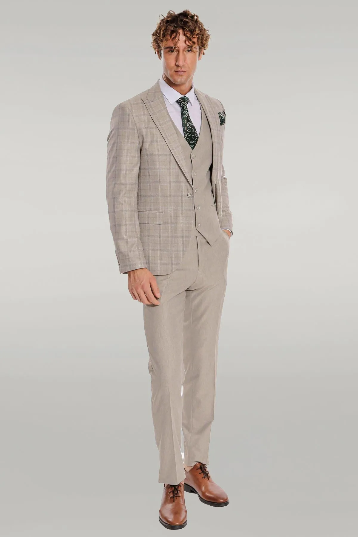 Checked Slim Fit Cream Men Suit - Wessi