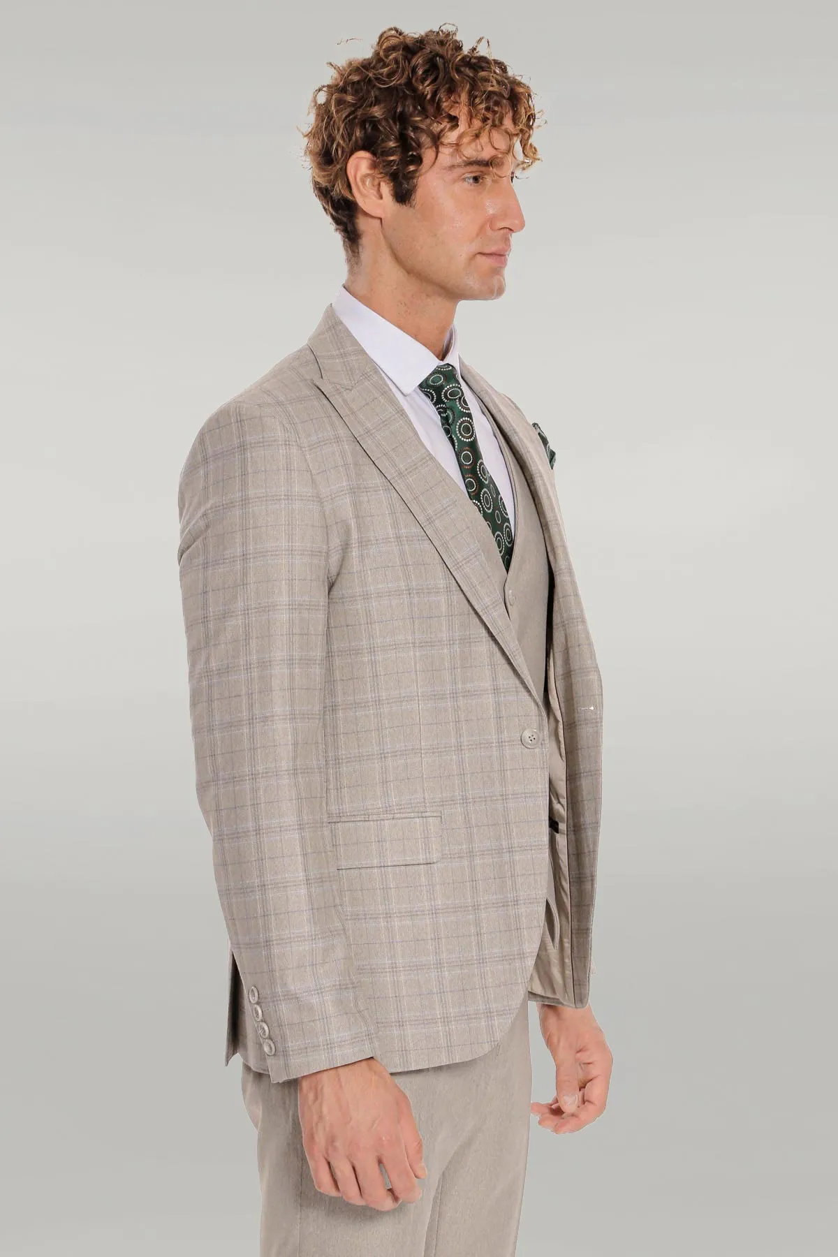 Checked Slim Fit Cream Men Suit - Wessi