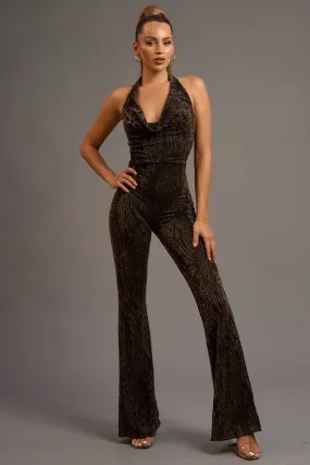 CHIC LUREX COWL HALTER NECK BACKLESS JUMPSUIT