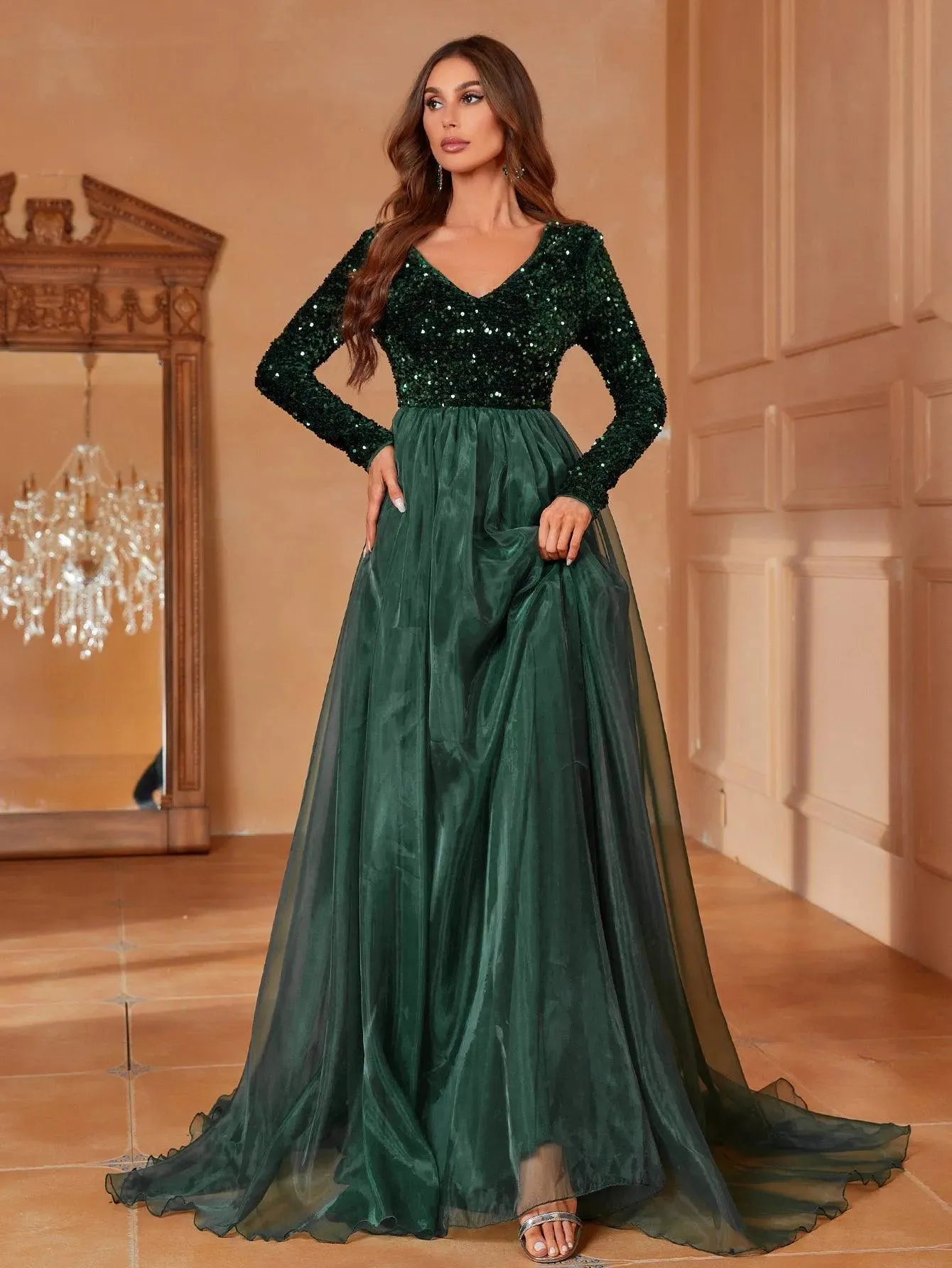 Classic Long-Sleeved V-Neck Formal Dress