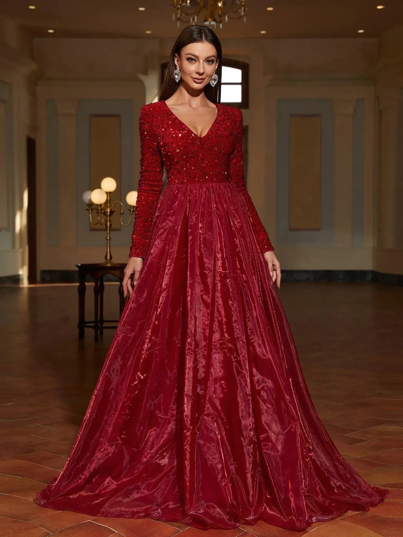 Classic Long-Sleeved V-Neck Formal Dress