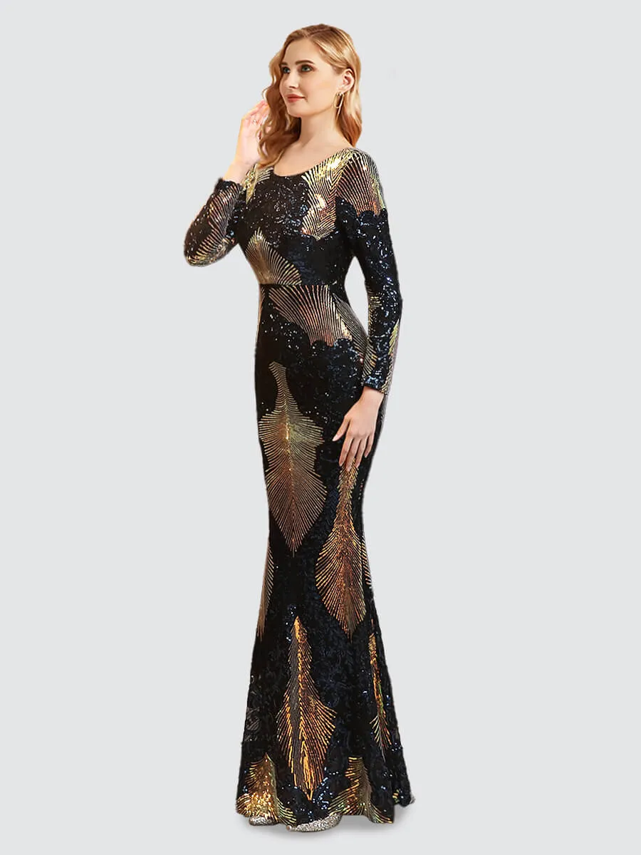 Dark Navy Backless Long Sleeve Sequin Maxi Mermaid Evening Formal Dress