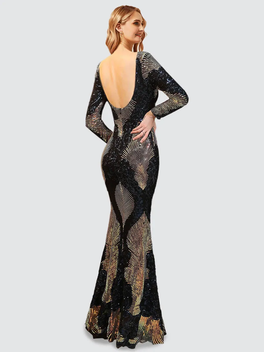 Dark Navy Backless Long Sleeve Sequin Maxi Mermaid Evening Formal Dress