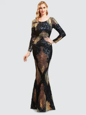 Dark Navy Backless Long Sleeve Sequin Maxi Mermaid Evening Formal Dress