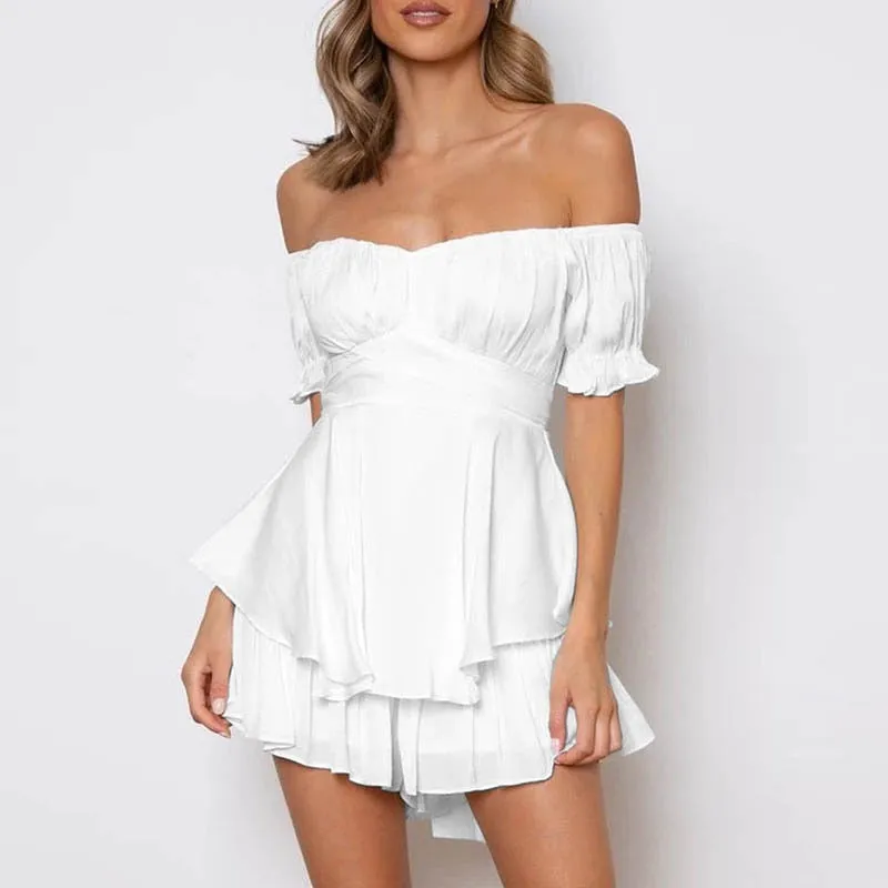 deanwangkt Solid Color Ruffle Women Rompers Sexy Off Shoulder Jumpsuit Female Summer Fashion Short Sleeve Women Rompers Bodysuit