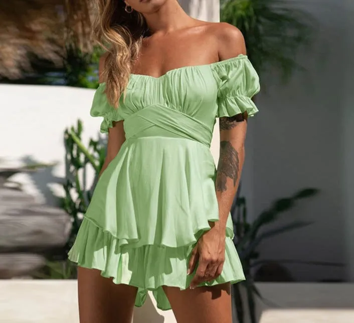 deanwangkt Solid Color Ruffle Women Rompers Sexy Off Shoulder Jumpsuit Female Summer Fashion Short Sleeve Women Rompers Bodysuit