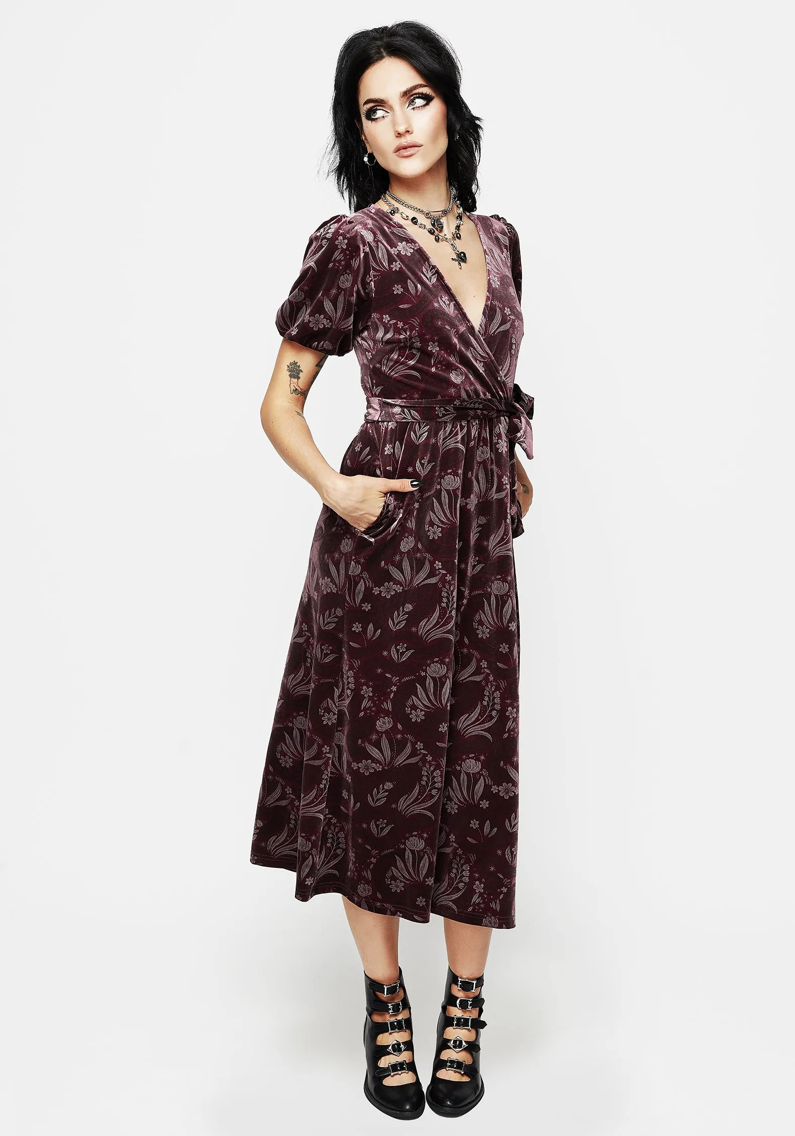 Deception Snake Foil Print Velour Midi Wrap Dress