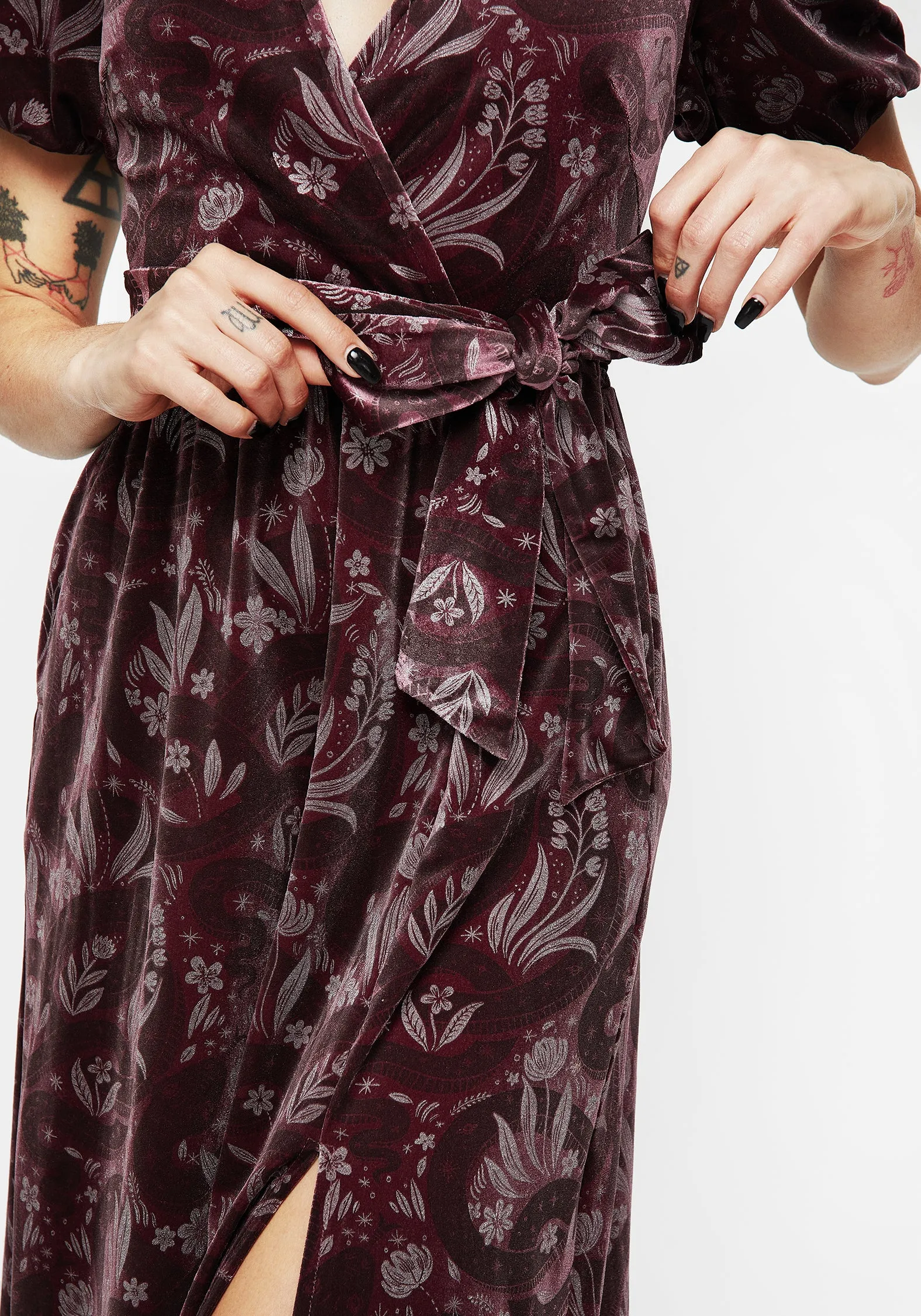 Deception Snake Foil Print Velour Midi Wrap Dress