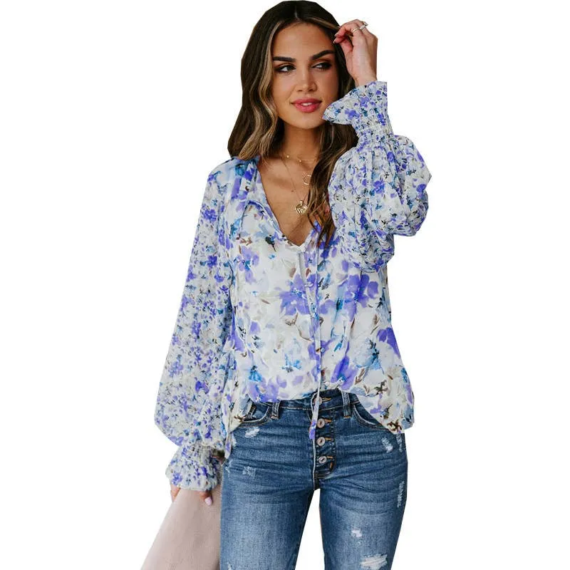 DEEP V FLORAL LANTERN SLEEVE BLOUSE_CWTBLL0788