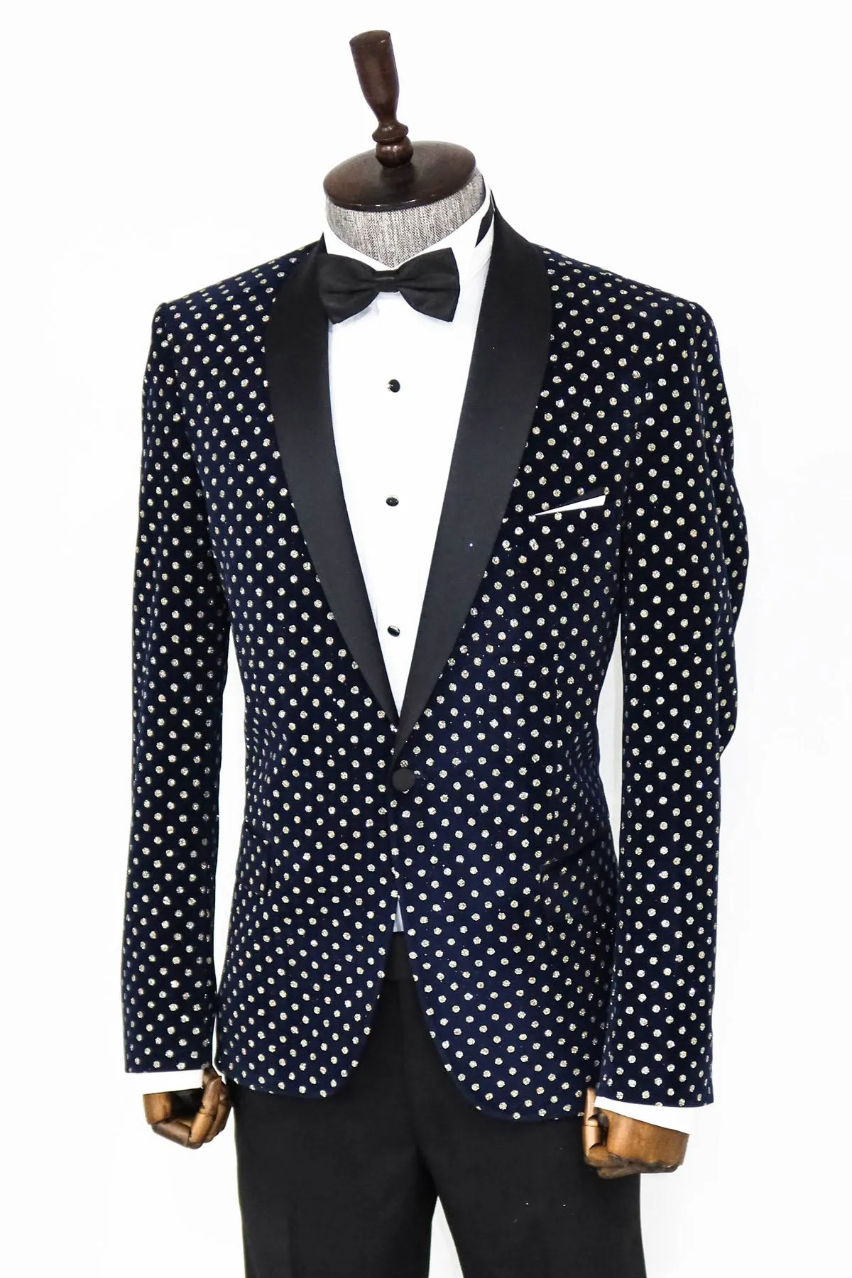 Dot Patterned Slim Fit Navy Blue Men Party Blazer - Wessi