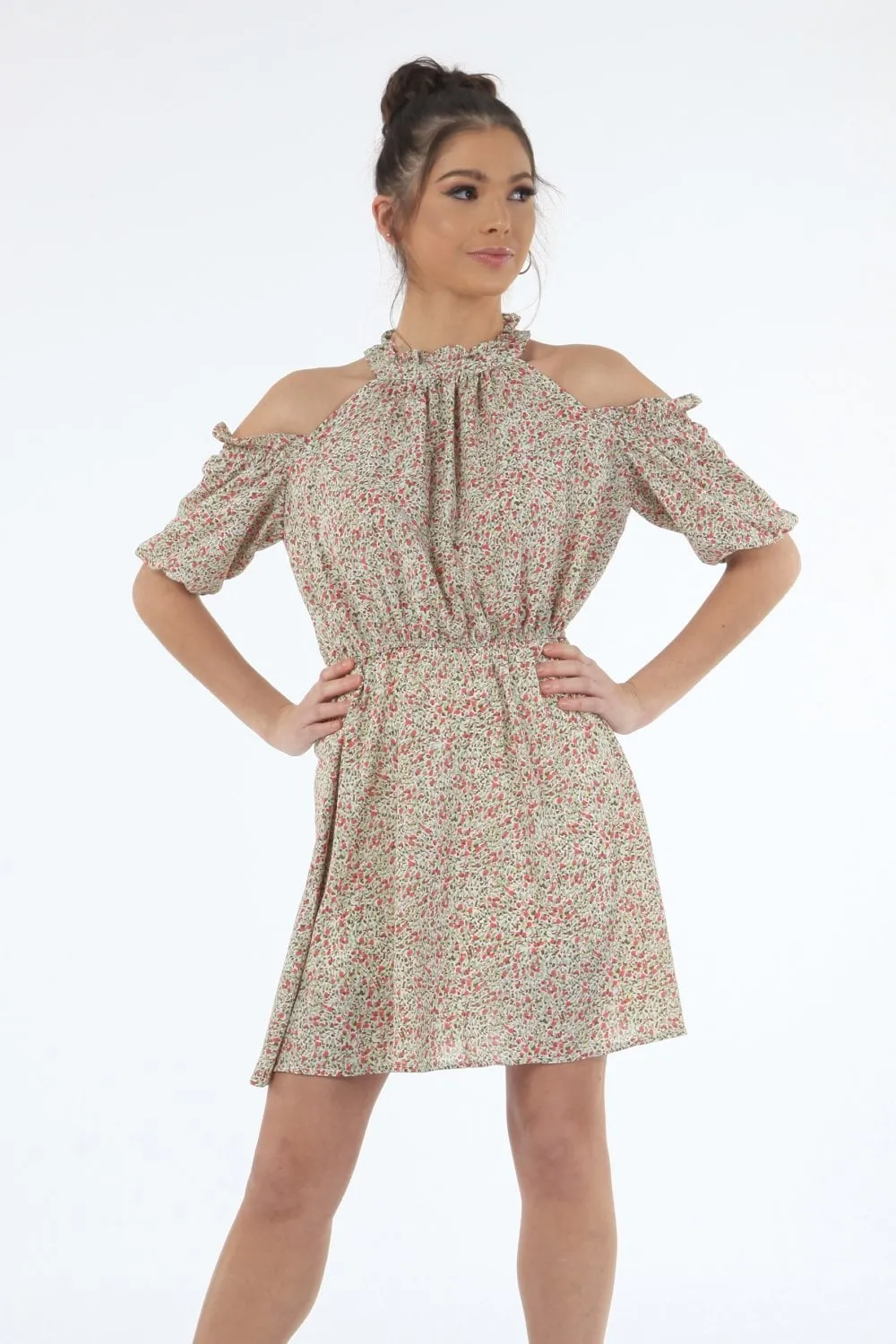 Double Second Cold Shoulder Floral Dress