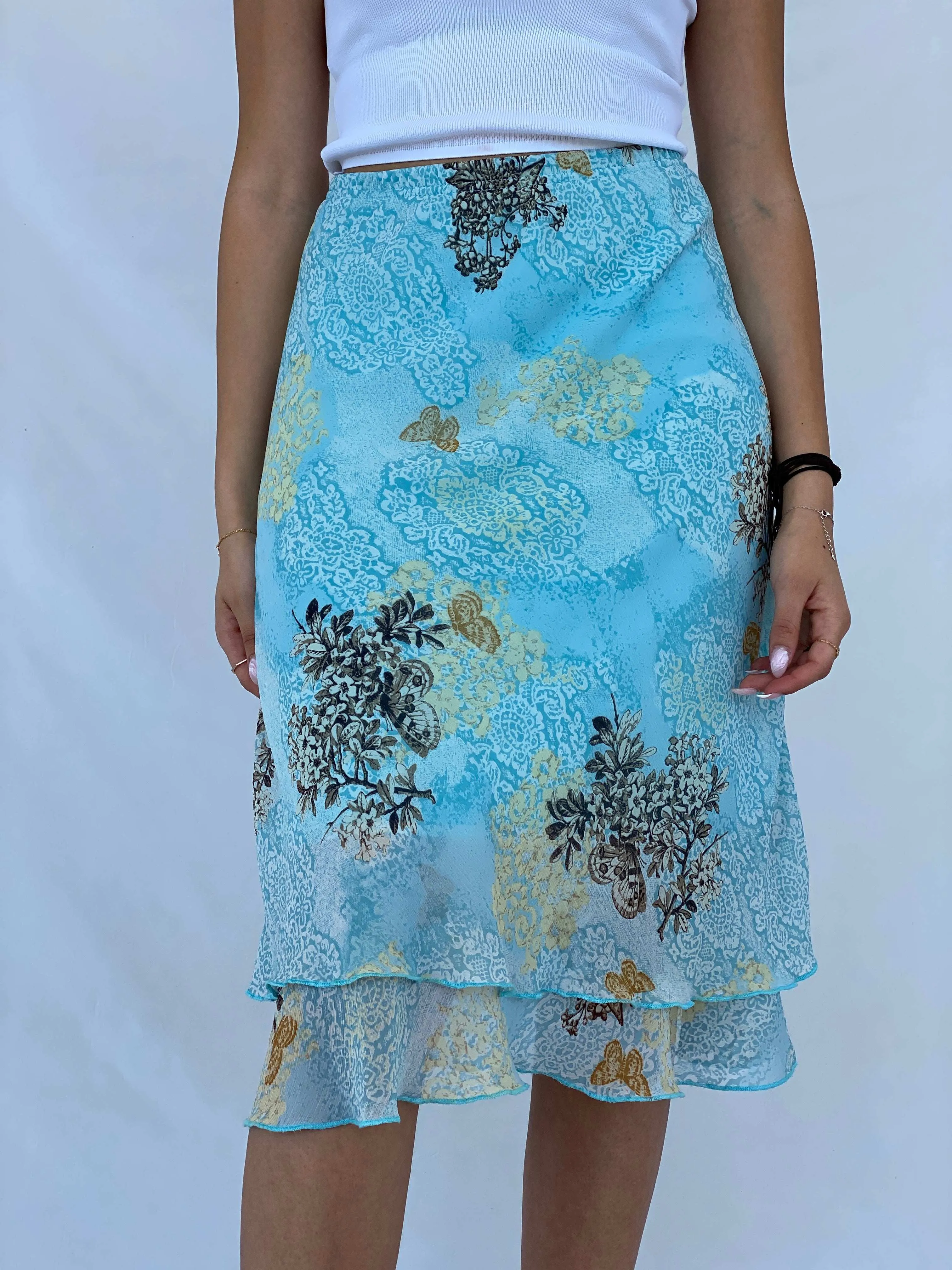 Dreamy 90s Blue Floral Midi Skirt