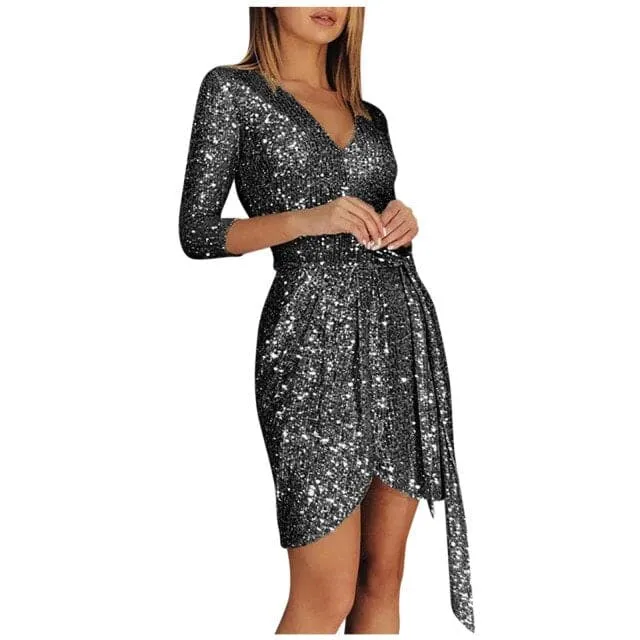 DressBetty - Ladies Elegant Party Dress Fashion Sexy Long-sleeved Sequined V-neck 34 Sleeve Lace-up Mini Dress Dress