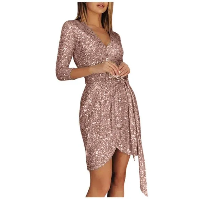 DressBetty - Ladies Elegant Party Dress Fashion Sexy Long-sleeved Sequined V-neck 34 Sleeve Lace-up Mini Dress Dress