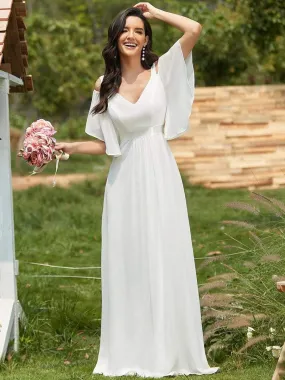 Elegant Cold Shoulder Flutter Sleeves Flowy Bridesmaid Dress