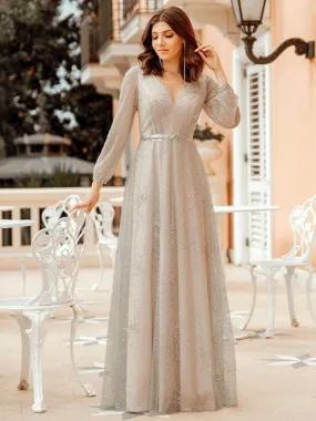 Elegant Shimmery Long Lantern Sleeve Prom Dress