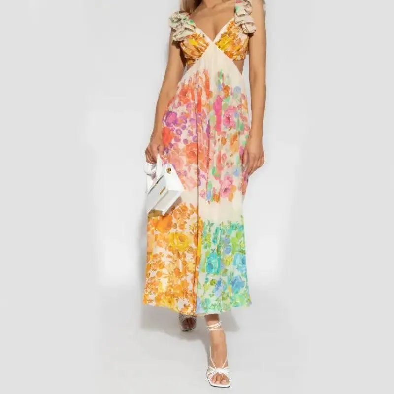 Elegant Summer V-neck Ruffle Sleeve Floral Print Dress with Bow-knot Back for Beach Vacations