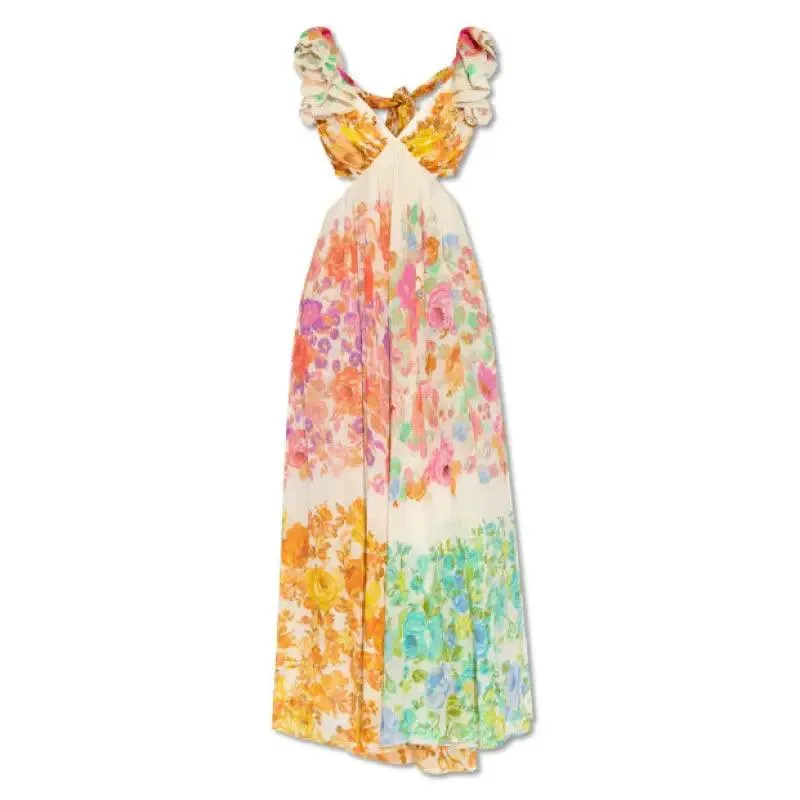 Elegant Summer V-neck Ruffle Sleeve Floral Print Dress with Bow-knot Back for Beach Vacations