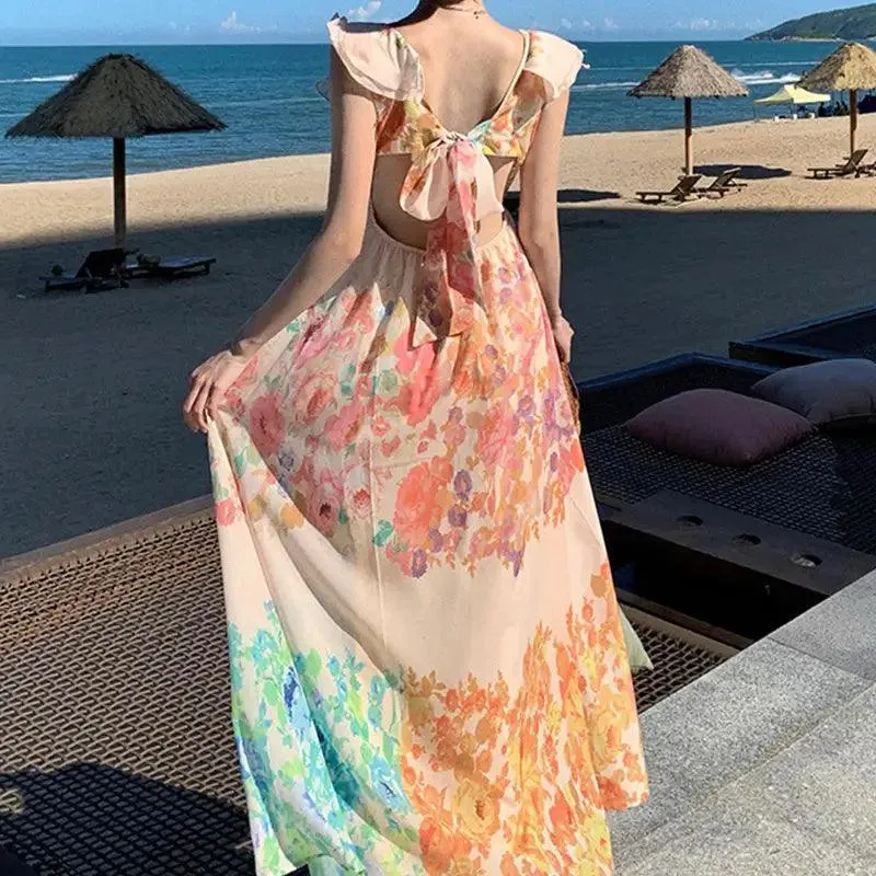 Elegant Summer V-neck Ruffle Sleeve Floral Print Dress with Bow-knot Back for Beach Vacations