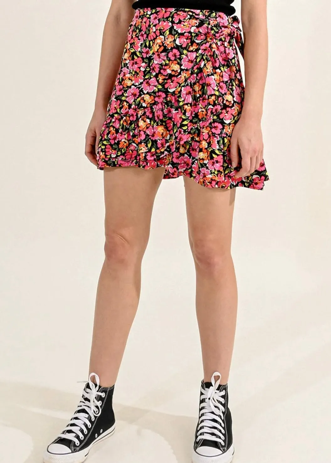 Faux Wrap Floral Mini Skirt